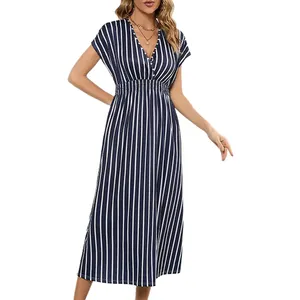衣料品サプライヤースポット卸売縦縞ドレスバットスリーブ女性用ロングフロックドレス