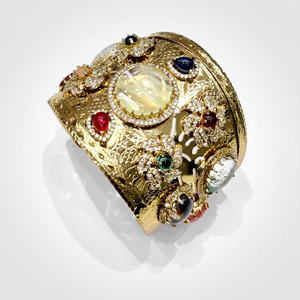Bracelet manchette plaqué or 10089 avec pierres précieuses multicolores et perles, jonc ouvert en zircon cubique, bijou manchette pour mariage - Product Image 1