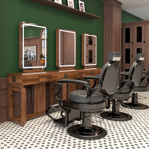 Station de coiffure de style vintage, meuble de salon en bois massif avec éclairage LED pour <span class=keywords><strong>barbier</strong></span> et salon de beauté - Product Image 3