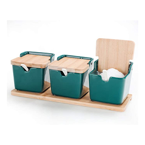 <span class=keywords><strong>Set</strong></span> di tre barattoli per spezie da cucina in ceramica con coperchio e supporto in bambù naturale - Product Image 4