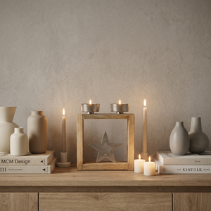 Decoración Navideña Artesanal de Madera para Mesa con Acento de Estrella Metálica, Diseño de Dos Portavelas, Decoración Rústica y Festiva para Mesa de Hogar - Product Image 1