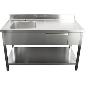 Évier de préparation autoportant pour <span class=keywords><strong>restaurant</strong></span> - Évier simple en acier inoxydable avec égouttoir, tiroir de rangement et étagère pour la restauration hôtelière - Product Image 3