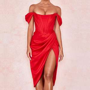 Gaun pesta elegan wanita model V-neck pendek, off-shoulder, satin berkualitas tinggi, midi dengan belahan tinggi, seksi, untuk pesta <span class=keywords><strong>prom</strong></span>. - Product Image 1