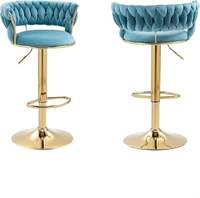Tabouret de bar moderne de luxe en velours tressé avec base dorée, siège pivotant réglable et dossier tressé pour cuisine, salle à manger, salon, maison, centre commercial