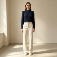 Pull en laine mélangée de haute qualité pour femmes Inez, pointelle, personnalisé OEM & ODM, manches longues, pull épais bleu marine, vêtements de loisirs
