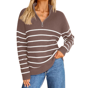 Pull à col en V à rayures personnalisé, haut en tricot décontracté pour femmes, pull à enfiler, doux et confortable, automne-hiver - Product Image 2