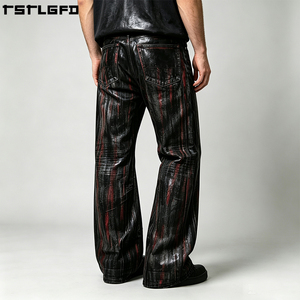 Jean baggy à coupe et couture, effet ciré, clouté, en denim épais, à rayures rouges, coupe large, style Darkwear, en gros - Product Image 4