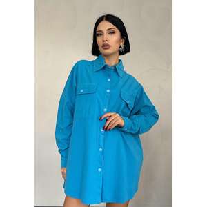 Camisa Azul Estilo Boyfriend para Mujer, Popelina, Doble Bolsillo, Cierre de Botones, Estilo Casual - Product Image 3