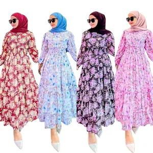 Nouvelle arrivée en mousseline de soie imprimée florale lisière filante en mousseline de soie respirante longue robe Moyen-Orient Dubaï pour musulman Abaya cabaya