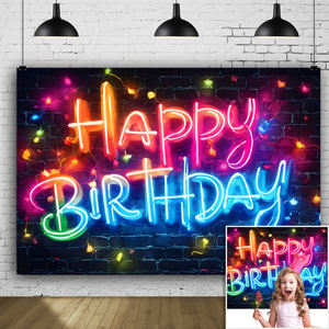 Toile de fond d'anniversaire néon phosphorescente-Mur de briques urbaines avec fond de <span class=keywords><strong>photographie</strong></span> Funky Graffiti Hip Hop Teen Séance photo - Product Image 1