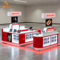 Kiosque de réparation de téléphones portables en bois, style minimaliste moderne, pour centre commercial, avec table de présentation en verre