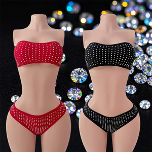 Conjunto de Bikini Rojo y Negro con Pedrería, Top sin Tirantes y Braguitas, Ropa de Baile Exótica para Adultos, Spandex y Poliéster, Atuendo de Stripper - Product Image 1