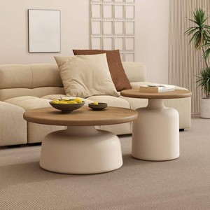 Set di Tavolini da Caffè <span class=keywords><strong>in</strong></span> Stile Nordico con Piano <span class=keywords><strong>in</strong></span> <span class=keywords><strong>Legno</strong></span> Massello e Base Bianca Opaca, Durevoli, per <span class=keywords><strong>Soggiorno</strong></span>, Moderni e Minimalisti - Product Image 2