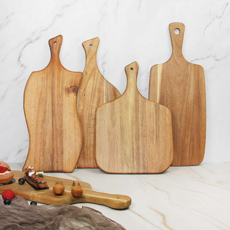 Tabla de cortar de cocina al por mayor gruesa grande personalizada Koa Nogal Negro madera de acacia tabla de cortar de bambú con mango