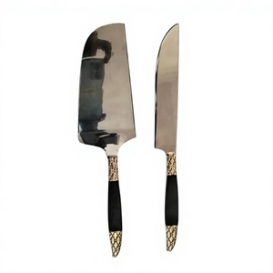 Elegante juego de servidores de pastel de metal con mango negro y dorado, pulido a espejo, resistente al óxido, cubiertos para boda. - Product Image 1