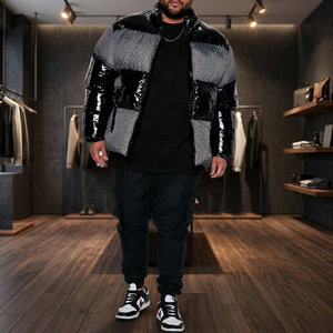 Chaqueta de Invierno para Hombre, Acolchada, con Cuello Alto, Bloques de Color, Recubrimiento de PU, Resistente al Viento, Estilo Urbano, Corte Regular, Cierre de Cremallera, Aislamiento Grueso - Product Image 3