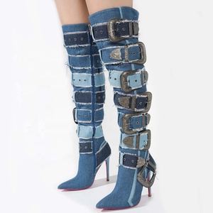 Custom Metal Belt Buckles Women Over Knee High Boots Slim Heels Denim Long <b>Booties</b> Sexy Punk Blue Stiletto Dress Shoes - Product Image 2