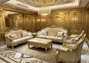 Sofá Seccional de Cuero para Sala de Estar, Estilo Aristocrático Francés, Vintage, Madera Maciza Tallada a Mano, Beige Dorado, 123 Plazas, para Villa - Product Image 6