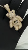 Ours en peluche de style dessin animé hip hop de bonne qualité pendentif en diamant naturel taille ovale plaqué or 14 carats pour femmes bijoux fins