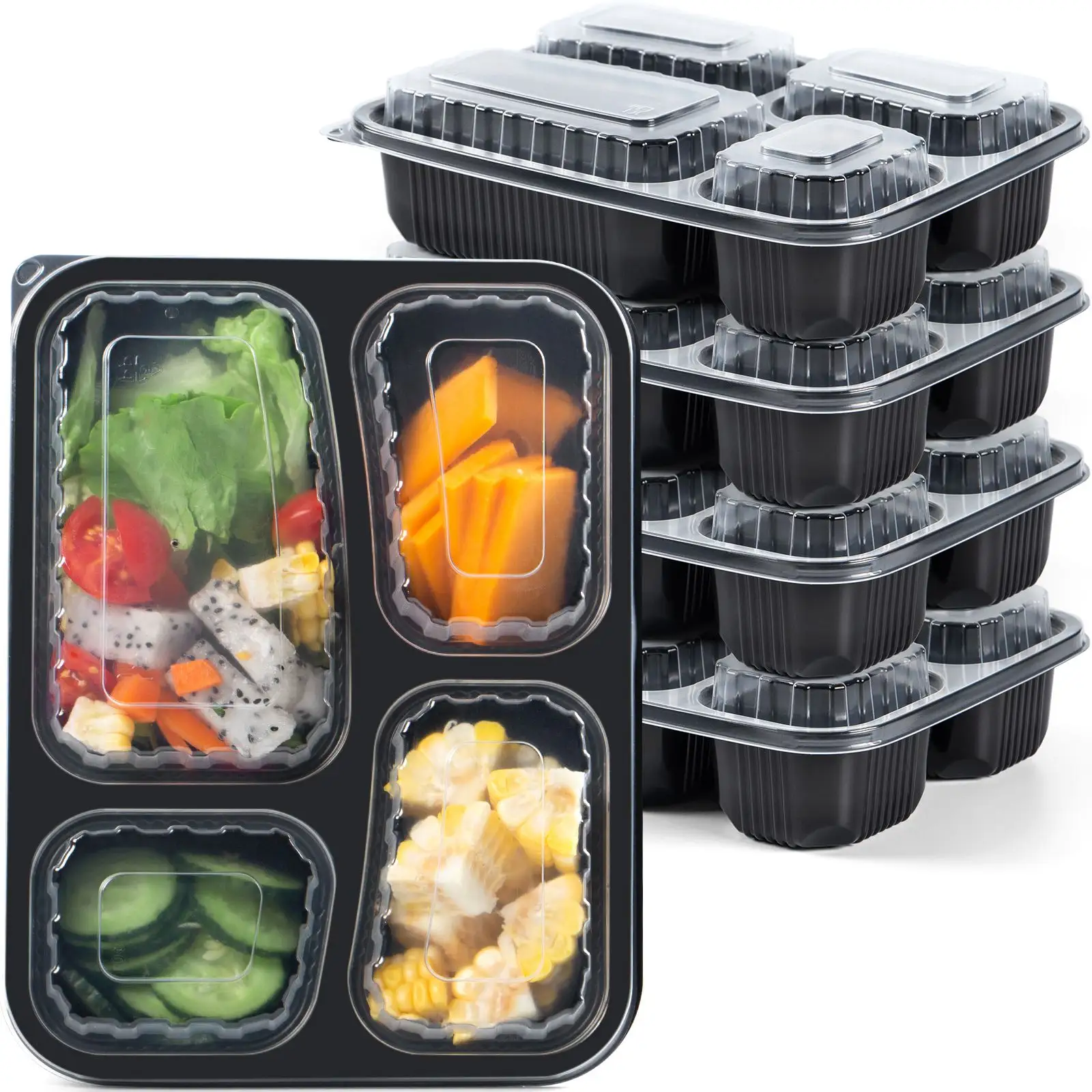 Contenedores de plástico Bento para almacenamiento de alimentos, 4 compartimentos reutilizables con tapas de microonda para preparar comida segura, 34oz