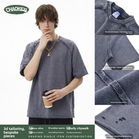 Kaos Raglan O-Neck Sebanda 350G Katun Murni Berat, Dapat Disesuaikan, Lengan Pendek, Proses Batik Tua, Model Longgar dengan Lubang di Pinggir