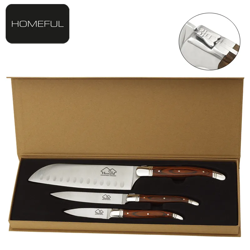 Hochwertiges Set mit 3 Laguiole Messerset Santoku Utility Peeling Messer mit Pakka Holzgriff