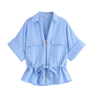 NOVEDAD DE VERANO 2025, traje de viaje para mujer, <span class=keywords><strong>camisa</strong></span> de cintura con cordones de <span class=keywords><strong>Joker</strong></span> con pantalones de cintura alta tejidos con decoración de botones - Product Image 6