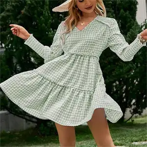 Custom Women Fall Spring Dress Elegant Casual Printed Pleated Vestidos Para Mujer Swing Plaid Long Sleeve Country Fit Dress