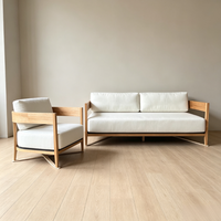 Canapé d'angle en forme de L Japandi en bois de chêne naturel avec coussins en tissu blanc amovibles, écologique et minimaliste, pour 2 personnes, idéal pour le salon