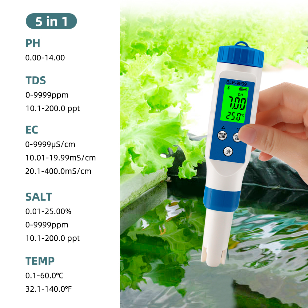 Smart Blue tooth pH Meter 5 in1PH/EC/TDS /Salinity/ TEMP Tester BLE-9909 Meter P