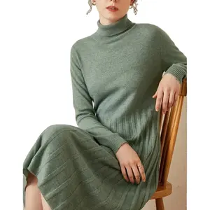 Turtle-neck Soft and Comfortable Fabric New Style Champagne Color Knitting Fabric Cashmere Dress for Women Ladies