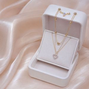 Nouveau Collier Pendentif Cœur en Alliage Tendance, Double Couche, Sertissage Griffe de Strass et Zircon, Bijoux d'Anniversaire US - Product Image 1