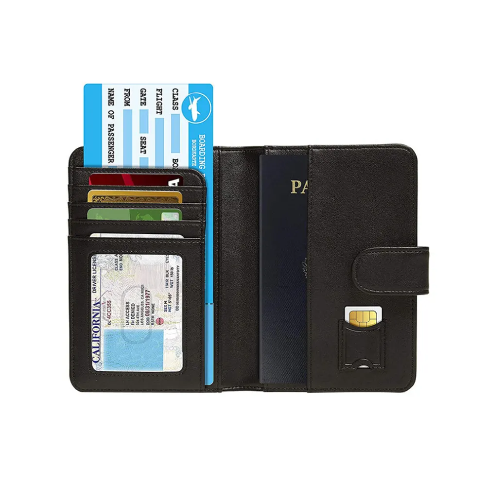Porte-cartes personnalisé Organisateur de dossiers de billets de voyage de qualité supérieure Porte-passeport noir personnalisé Couverture en cuir