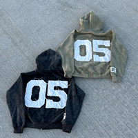 Sweat à capuche court vintage pour hommes personnalisé coton éponge français Streetwear en détresse broderie Patch lavage à l'acide fermeture éclair impression en relief