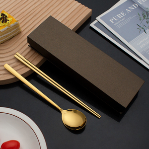 Home Restaurant Barbecue Mirror Polish Stainless Steel Cutlery Set Flat Korean Chopsticks and <strong>Spoon</strong> With Gift Box - Product Image 1