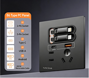 Prise murale en verre mat de type 86 du groupe YuHe avec prises 2 broches et 5 broches, ports USB-C/USB-A, câbles rétractables de 0,8 m et application Smart Life - Product Image 6