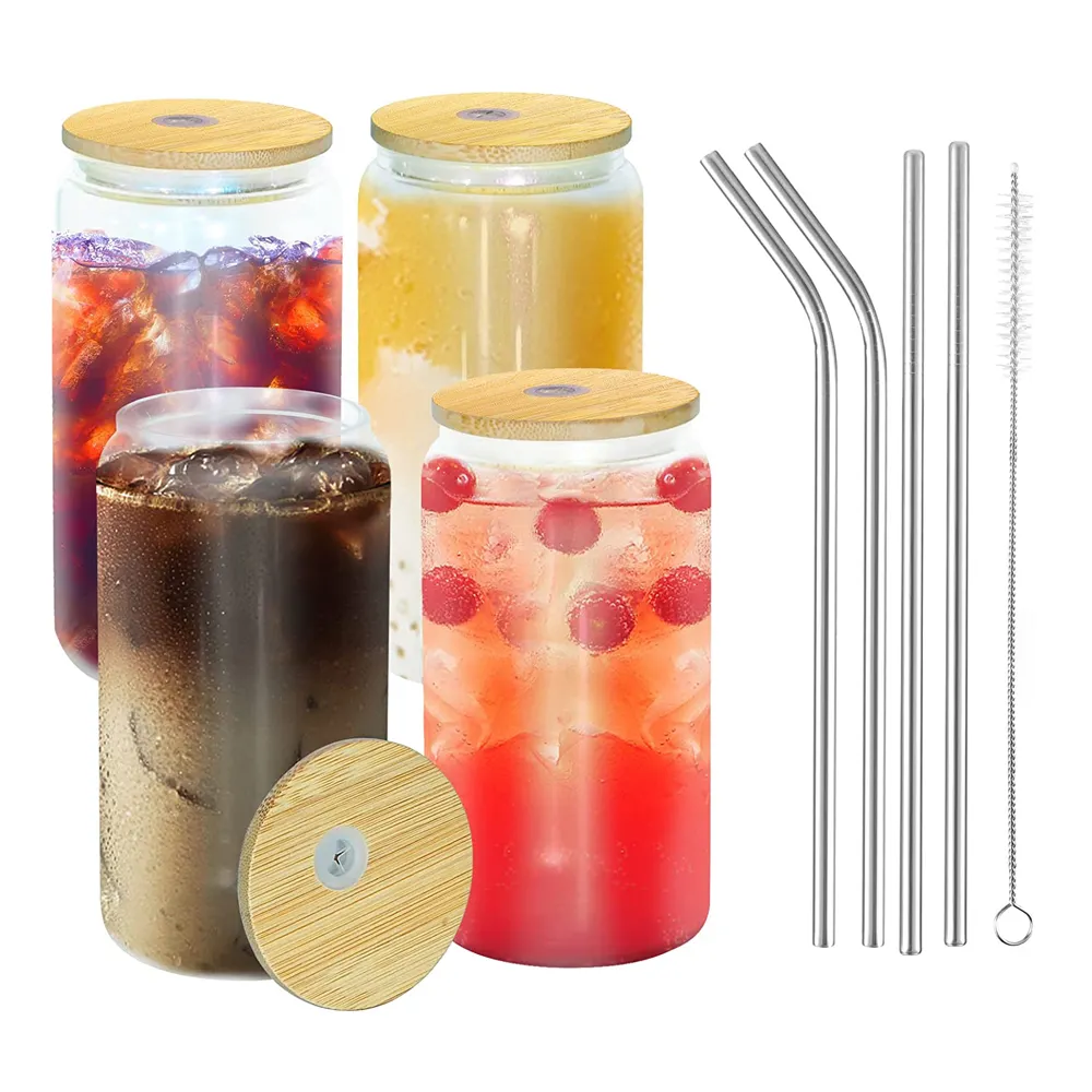 Custom Logo Sublimation Double Wall Frosted Clear Shaped Can Cup Beer Glass With 16Oz Bamboo Lids And Straw