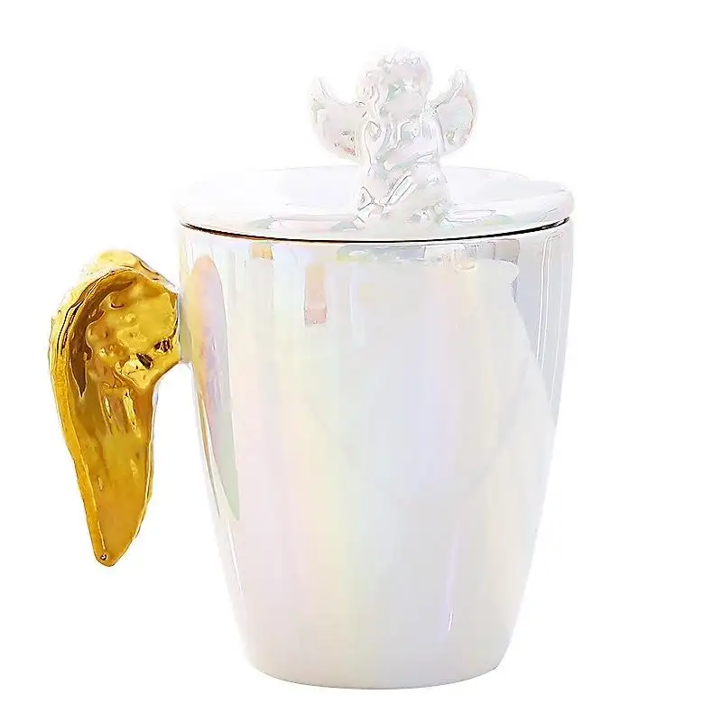 Nordic Luxe 3d Keramische Koffie Cup Gouden Vleugels Fee Witte Mok Met Deksel Voor Huishoudelijke Home Office Decor