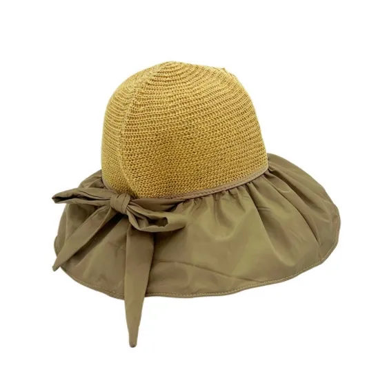 日焼け止め帽子中空通気性弓ビニールビーチ帽子ストロー大きな顔日焼け止め漁師帽子