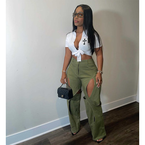 Pantalons décontractés pour femmes en gros, jeans en denim ajourés, pantalons amples grande taille, pantalons droits pour femmes - Product Image 6