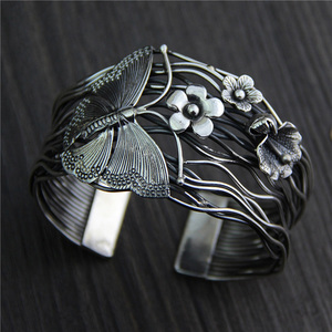 New Arrival Wide Cuff 925 Sterling Silver Charm Bracelet Butterfly And Flower Bangle For Women Bangle Bracelet Custom