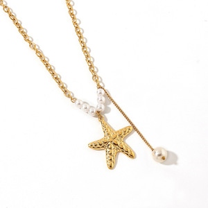 Collier en acier inoxydable avec pendentif étoile de mer et perle, plaqué or 18 carats, pour femme, à porter au quotidien - Product Image 4