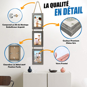 Ensemble de 3 cadres <span class=keywords><strong>photo</strong></span> verticaux en chêne gris à suspendre avec corde, décoration murale multi-collages, cadre pour trois photos portrait 10x15cm - Product Image 4