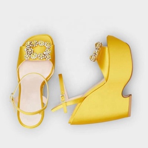 Bright Satin Square Pearls Ornament Thick Platform Shoes Women's Outdoor High Wedge Heels Modern Open Toe Denim <b>Sandals</b> - Product Image 5