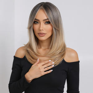 Perruque longue et droite de 18 pouces, couleurs dorées dégradées, avec <span class=keywords><strong>frange</strong></span> rideau, pour femmes – Meilleure vente - Product Image 3