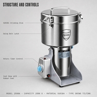 Moulin à céréales électrique HNRB 2500g en acier inoxydable SUS304, inclinable, rotatif, avec minuterie, pour usage domestique et commercial, vente en gros