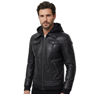 Chaqueta de Motociclista de Cuero Vacuno Genuino para Hombre, con Capucha Desmontable, Cierre de Cremallera, Color Negro Sólido, Estilo Otoñal, Corte Regular - Product Image 5