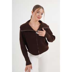 Brown Knitted <b>Zip</b>-<b>up</b> Collar <b>Cardigan</b> <b>Women</b> Casual Anti-Pilling Sweater Top - Product Image 4