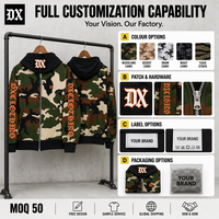 Sweat-shirt à capuche entièrement zippé en camouflage woodland personnalisé 360 g/m² avec broderie gothique, imprimés sur les manches, bordure côtelée noire, style streetwear, OEM ODM