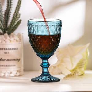 Bleu Vintage Verres À Vin Colore Gobelets Motif En Relief Tige Verrerie De Noce Bar Tasses À Boire Diamant Bleu - Product Image 4